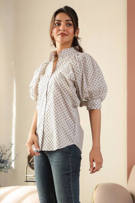 Buy B'Infinite Beige Cotton Collared Printed Puff Sleeve Shirt Online at Aza Fashions Buy_B'Infinite_Beige Cotton Collared Printed Puff Sleeve Shirt _Online_at_Aza_Fashions