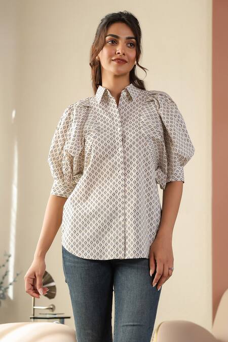 Shop B'Infinite Beige Cotton Collared Printed Puff Sleeve Shirt Online at Aza Fashions Shop_B'Infinite_Beige Cotton Collared Printed Puff Sleeve Shirt _Online_at_Aza_Fashions