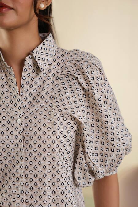 B'Infinite Beige Cotton Collared Printed Puff Sleeve Shirt at Aza Fashions B'Infinite_Beige Cotton Collared Printed Puff Sleeve Shirt _at_Aza_Fashions