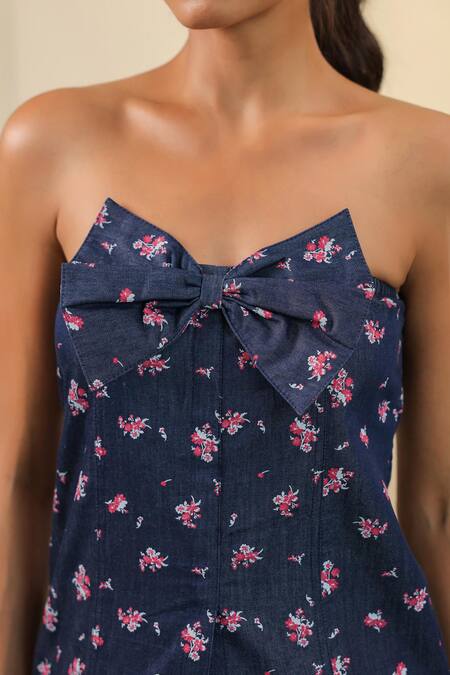 B'Infinite Blue Denim Embroidery Sweetheart Neck Floral Bow Top Online at Aza Fashions B'Infinite_Blue Denim Embroidery Sweetheart Neck Floral Bow Top _Online_at_Aza_Fashions