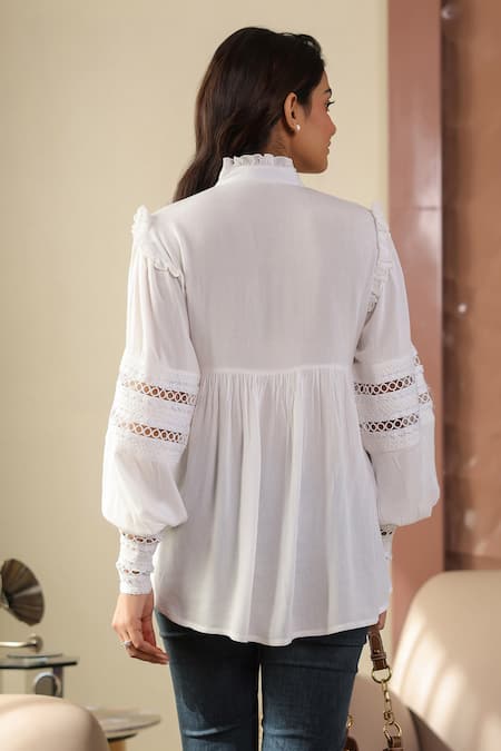 Shop B'Infinite White Crepe Lace Collared Designer Blouse at Aza Fashions Shop_B'Infinite_White Crepe Lace Collared Designer Blouse _at_Aza_Fashions