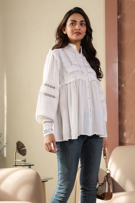 Buy B'Infinite White Crepe Lace Collared Designer Blouse Online at Aza Fashions Buy_B'Infinite_White Crepe Lace Collared Designer Blouse _Online_at_Aza_Fashions