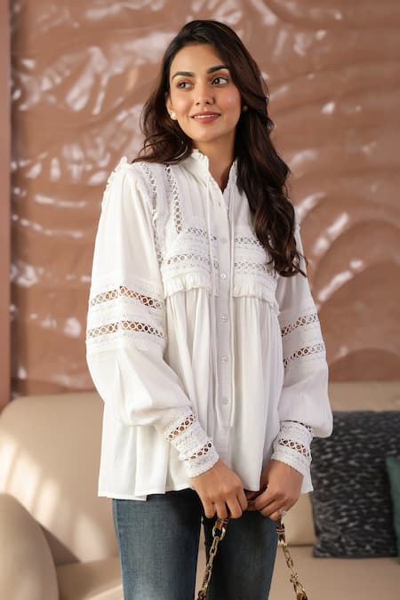 B'Infinite White Crepe Lace Collared Designer Blouse at Aza Fashions B'Infinite_White Crepe Lace Collared Designer Blouse _at_Aza_Fashions