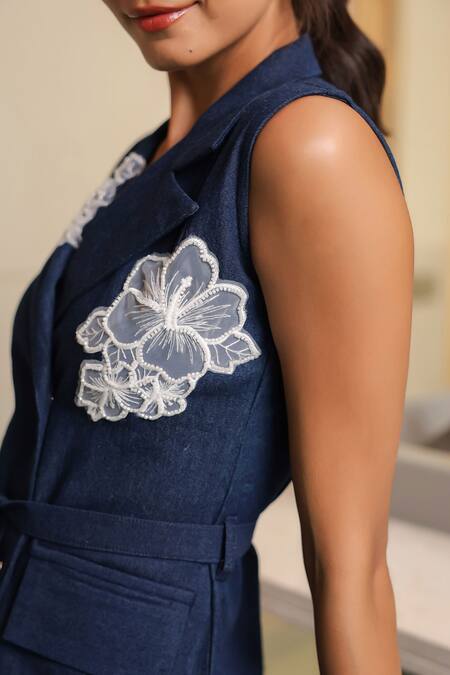 Shop B'Infinite Blue Denim Embroidery, Applique Blazer Skirt Set Online at Aza Fashions Shop_B'Infinite_Blue Denim Embroidery, Applique Blazer Skirt Set _Online_at_Aza_Fashions