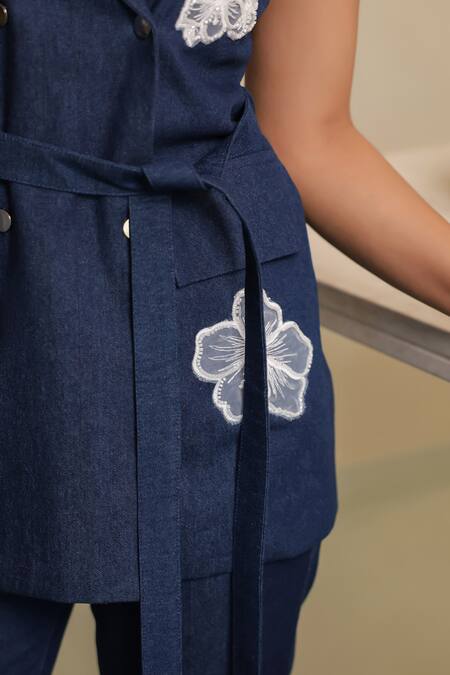 Buy B'Infinite Blue Denim Embroidery Lapel Collar Blazer Pant Set Buy_B'Infinite_Blue Denim Embroidery Lapel Collar Blazer Pant Set