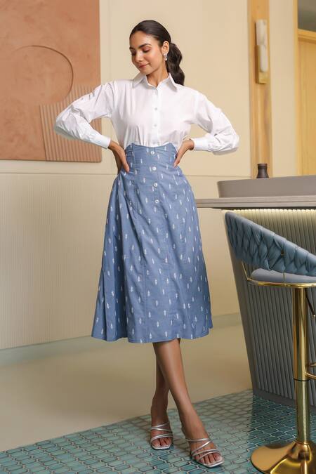 Shop B'Infinite White Cotton Collared Shirt And Blue Skirt Set Online at Aza Fashions Shop_B'Infinite_White Cotton Collared Shirt And Blue Skirt Set _Online_at_Aza_Fashions