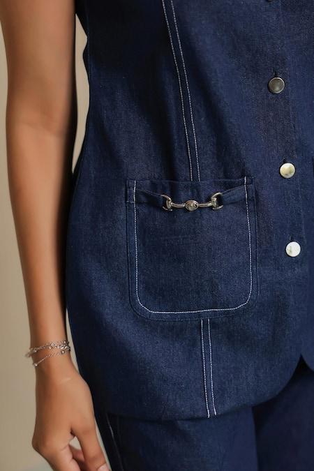 Buy_B'Infinite_Blue Denim Square Neck Top And Trouser Set _Online_at_Aza_Fashions