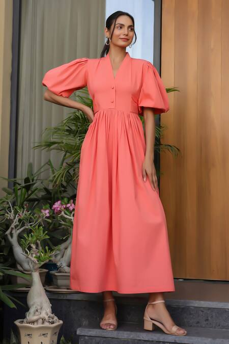 Shop B'Infinite Orange Cotton V-neck Puff Sleeve Midi Dress Online at Aza Fashions Shop_B'Infinite_Orange Cotton V-neck Puff Sleeve Midi Dress _Online_at_Aza_Fashions