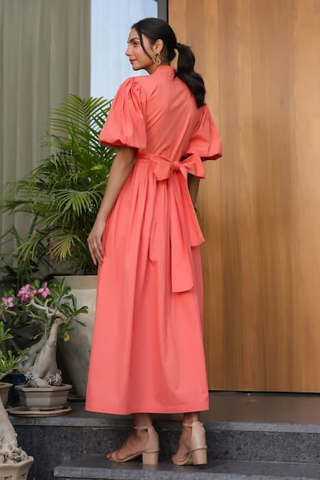 Shop B'Infinite Orange Cotton V-neck Puff Sleeve Midi Dress at Aza Fashions Shop_B'Infinite_Orange Cotton V-neck Puff Sleeve Midi Dress _at_Aza_Fashions