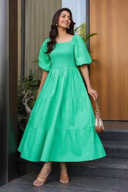 B'Infinite Green Cotton Square Neck Midi Dress Online at Aza Fashions B'Infinite_Green Cotton Square Neck Midi Dress _Online_at_Aza_Fashions