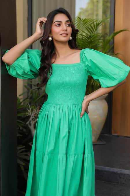 B'Infinite Green Cotton Square Neck Midi Dress at Aza Fashions B'Infinite_Green Cotton Square Neck Midi Dress _at_Aza_Fashions