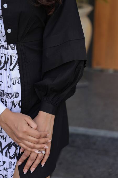 B'Infinite_Black Cotton Collared Designer Print Dress _Online_at_Aza_Fashions