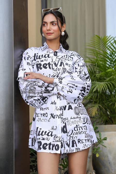 Buy_B'Infinite_White Cotton Collared Graphic Print Dress _Online_at_Aza_Fashions