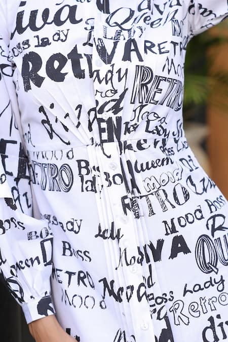 B'Infinite_White Cotton Collared Graphic Print Dress _at_Aza_Fashions