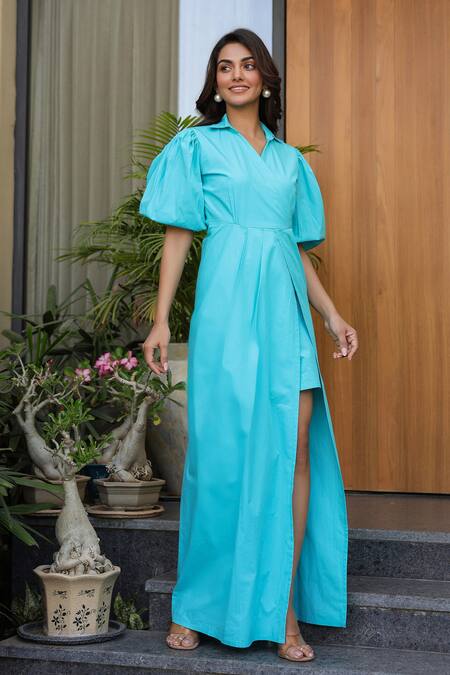 Buy B'Infinite Blue Cotton V-neck Designer Maxi Dress Buy_B'Infinite_Blue Cotton V-neck Designer Maxi Dress