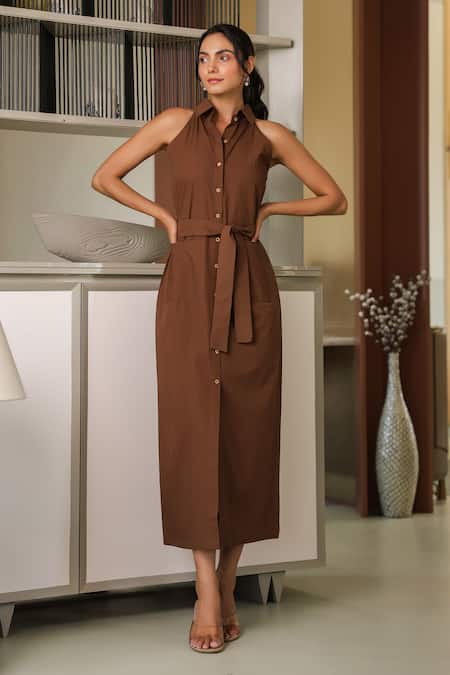 B'Infinite Brown Cotton Collared Midi Dress 