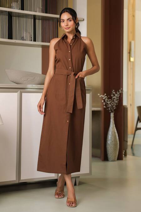 Buy B'Infinite Brown Cotton Collared Midi Dress Online at Aza Fashions Buy_B'Infinite_Brown Cotton Collared Midi Dress _Online_at_Aza_Fashions
