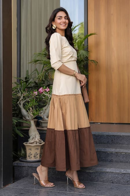 Shop B'Infinite Brown Cotton V-neck Color Block Maxi Dress Online at Aza Fashions Shop_B'Infinite_Brown Cotton V-neck Color Block Maxi Dress _Online_at_Aza_Fashions
