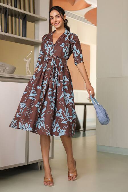 Shop B'Infinite Brown Cotton V-neck Floral Print Midi Dress Online at Aza Fashions Shop_B'Infinite_Brown Cotton V-neck Floral Print Midi Dress _Online_at_Aza_Fashions