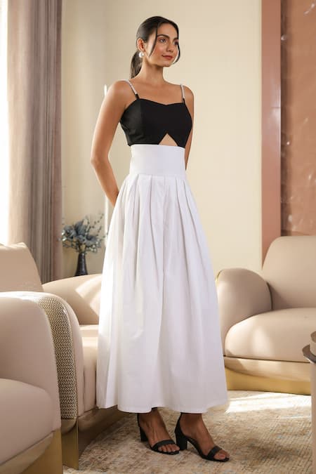 Shop B'Infinite Black Cotton Pearls Square Neck And White Designer Maxi Dress Online at Aza Fashions Shop_B'Infinite_Black Cotton Pearls Square Neck And White Designer Maxi Dress _Online_at_Aza_Fashions