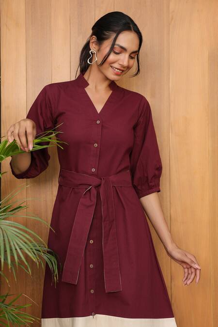 B'Infinite Wine Cotton V-neck Midi Dress Online at Aza Fashions B'Infinite_Wine Cotton V-neck Midi Dress _Online_at_Aza_Fashions
