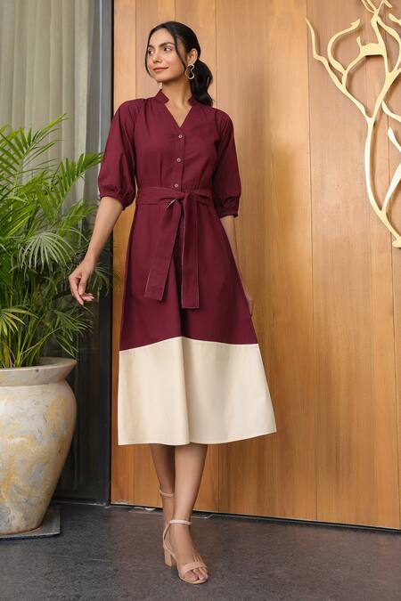B'Infinite Wine Cotton V-neck Midi Dress at Aza Fashions B'Infinite_Wine Cotton V-neck Midi Dress _at_Aza_Fashions