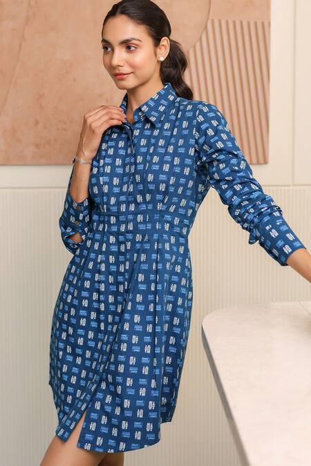 B'Infinite Blue Cotton Collared Printed Designer Dress at Aza Fashions B'Infinite_Blue Cotton Collared Printed Designer Dress _at_Aza_Fashions