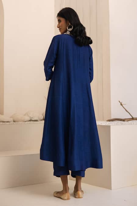 Shop_Tuli_Navy Silk, Cotton Embroidery V-neck Blue Kalidaar Dola Kurta Set _at_Aza_Fashions
