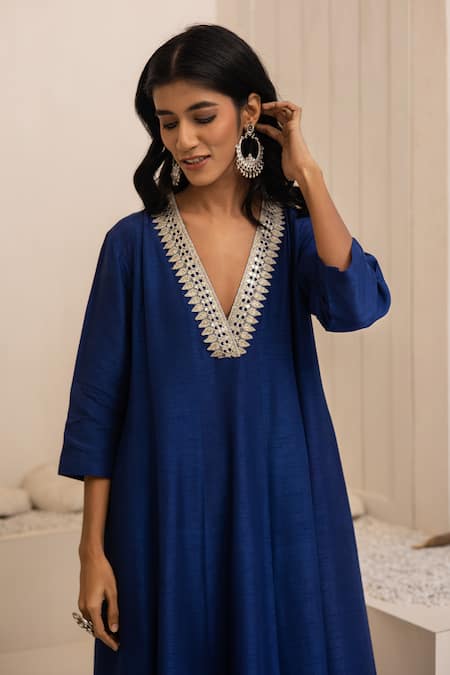 Shop_Tuli_Navy Silk, Cotton Embroidery V-neck Blue Kalidaar Dola Kurta Set _Online_at_Aza_Fashions