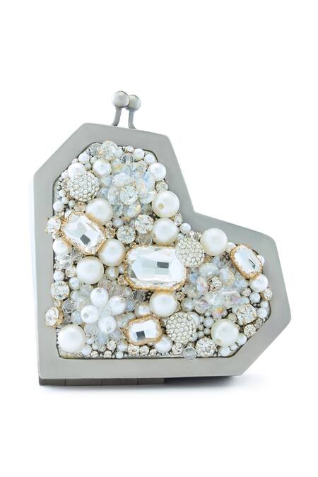 Shop Anaar Gray Crystals, Pearls Charisma Slingette Clutch Online at Aza Fashions Shop_Anaar_Gray Crystals, Pearls Charisma Slingette Clutch _Online_at_Aza_Fashions