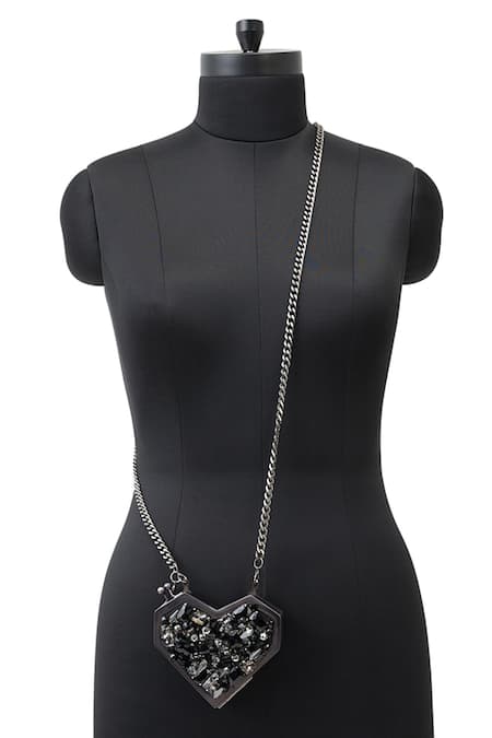 Anaar_Black Crystals Heart Shaped Designer Clutch _Online_at_Aza_Fashions