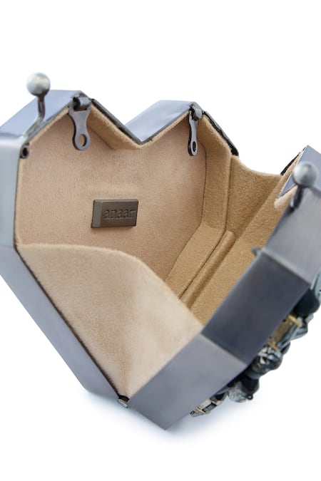 Anaar_Black Crystals Heart Shaped Designer Clutch _at_Aza_Fashions