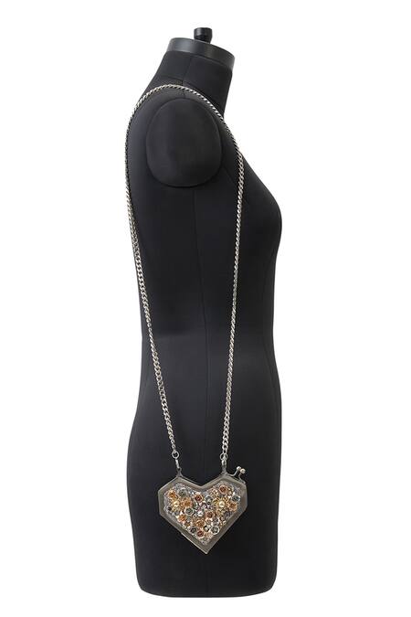 Anaar_Gray Beads, Fabric Flowers Heart Shaped Designer Satin Clutch _Online_at_Aza_Fashions