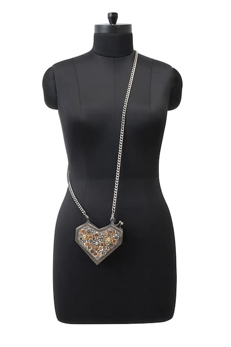 Buy_Anaar_Gray Beads, Fabric Flowers Heart Shaped Designer Satin Clutch _Online_at_Aza_Fashions