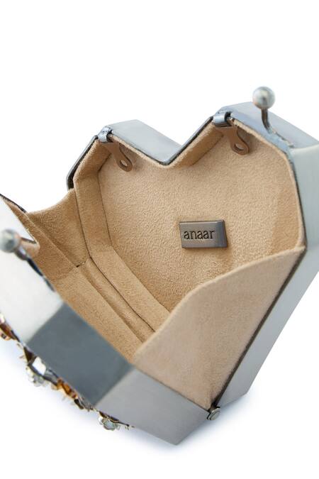 Shop_Anaar_Gray Beads, Fabric Flowers Heart Shaped Designer Satin Clutch _Online_at_Aza_Fashions