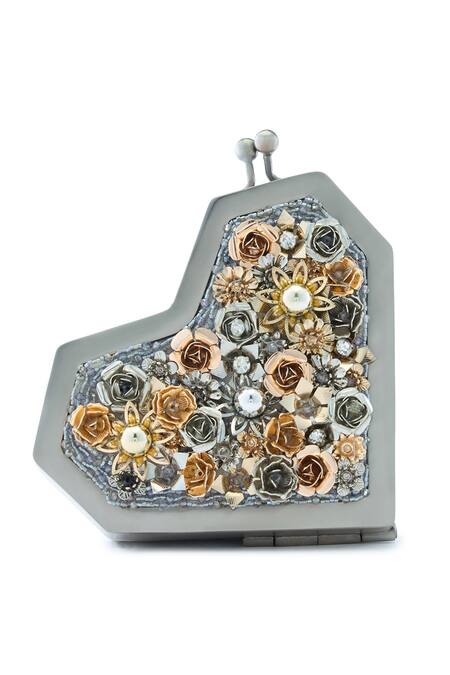 Anaar_Gray Beads, Fabric Flowers Heart Shaped Designer Satin Clutch _at_Aza_Fashions