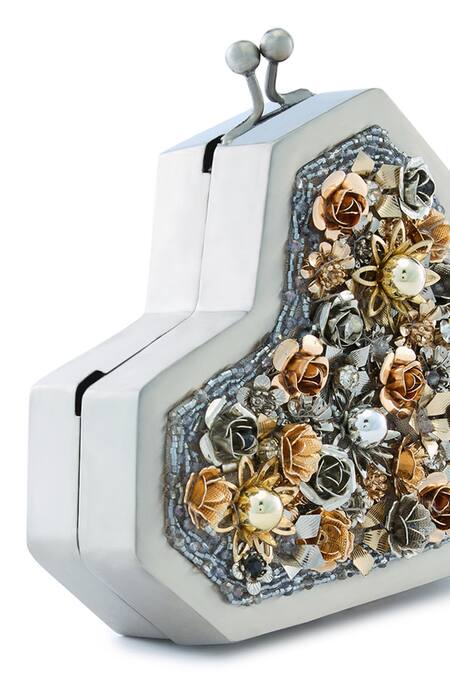 Buy_Anaar_Gray Beads, Fabric Flowers Heart Shaped Designer Satin Clutch 