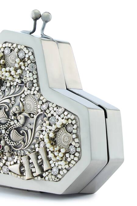 Buy Anaar Silver Embroidery, Beads Designer Slingette Clutch Buy_Anaar_Silver Embroidery, Beads Designer Slingette Clutch