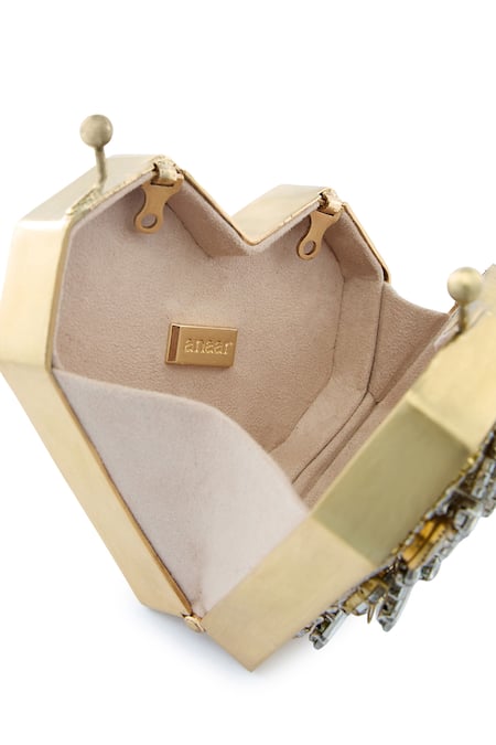Shop_Anaar_Gold Crystals, Embroidery Foiled Milano Satin Clutch _Online_at_Aza_Fashions