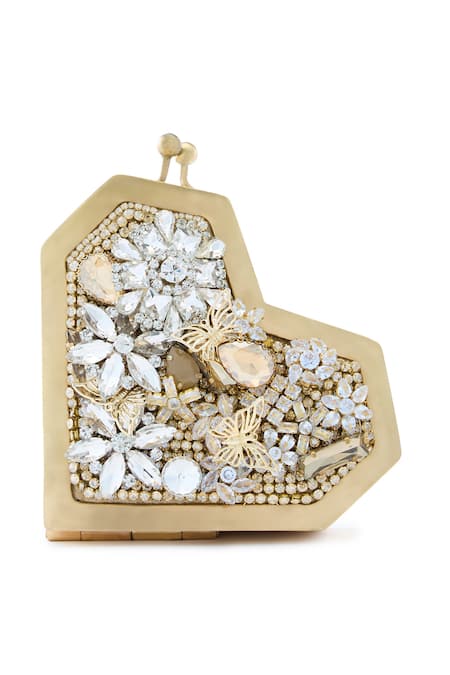 Anaar_Gold Crystals, Embroidery Foiled Milano Satin Clutch _at_Aza_Fashions