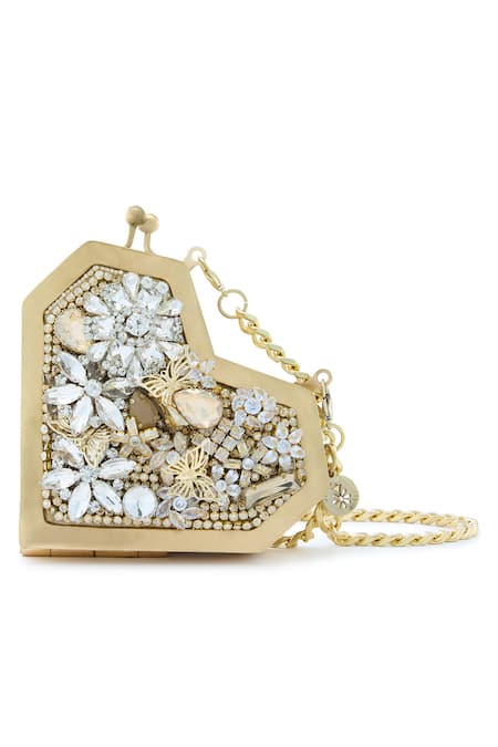 Anaar Gold Crystals, Embroidery Foiled Milano Satin Clutch 
