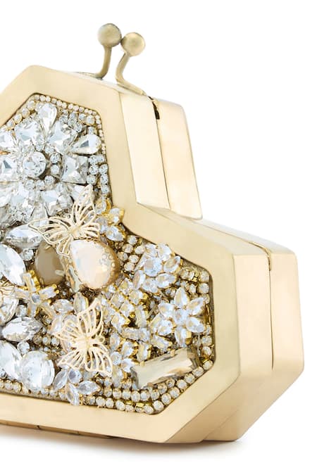 Buy_Anaar_Gold Crystals, Embroidery Foiled Milano Satin Clutch 