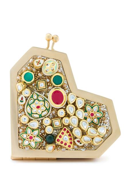 Anaar_Gold Crystals, Stones Designer Foiled Milano Satin Clutch _at_Aza_Fashions