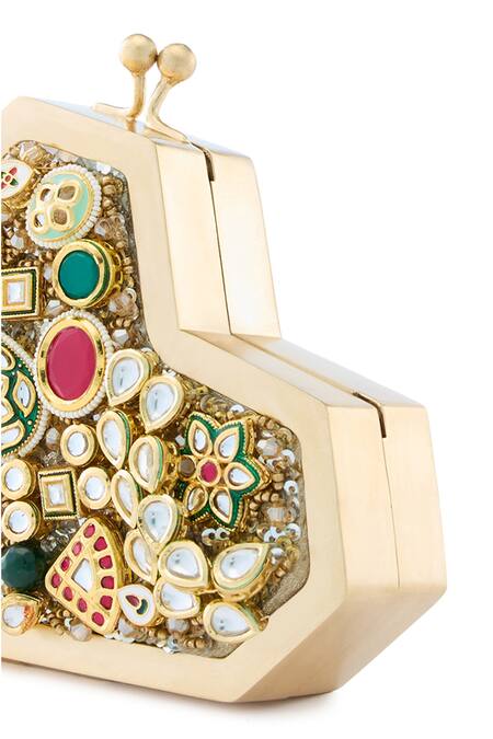 Buy_Anaar_Gold Crystals, Stones Designer Foiled Milano Satin Clutch 
