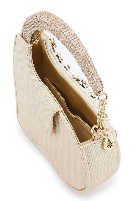 Shop Anaar White Fabric Flowers, Beads Swan Annette Floral Clutch Online at Aza Fashions Shop_Anaar_White Fabric Flowers, Beads Swan Annette Floral Clutch _Online_at_Aza_Fashions