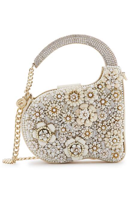 Anaar White Fabric Flowers, Beads Swan Annette Floral Clutch at Aza Fashions Anaar_White Fabric Flowers, Beads Swan Annette Floral Clutch _at_Aza_Fashions