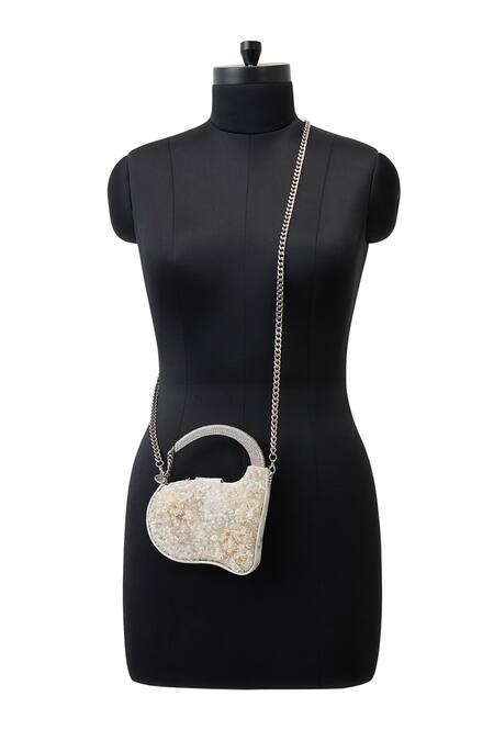 Anaar White Beads, Embroidery Piom Pom Anette Designer Clutch Online at Aza Fashions Anaar_White Beads, Embroidery Piom Pom Anette Designer Clutch _Online_at_Aza_Fashions