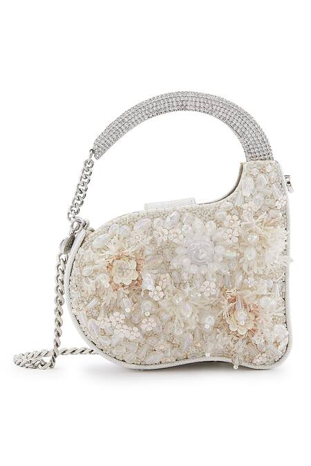 Shop Anaar White Beads, Embroidery Piom Pom Anette Designer Clutch Online at Aza Fashions Shop_Anaar_White Beads, Embroidery Piom Pom Anette Designer Clutch _Online_at_Aza_Fashions