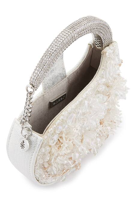 Anaar White Beads, Embroidery Piom Pom Anette Designer Clutch at Aza Fashions Anaar_White Beads, Embroidery Piom Pom Anette Designer Clutch _at_Aza_Fashions