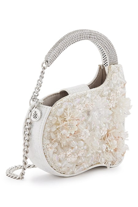 Anaar White Beads, Embroidery Piom Pom Anette Designer Clutch 